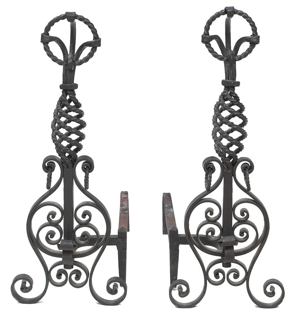 Appraisal: Arts amp Crafts andirons twisted and curled wrought iron design