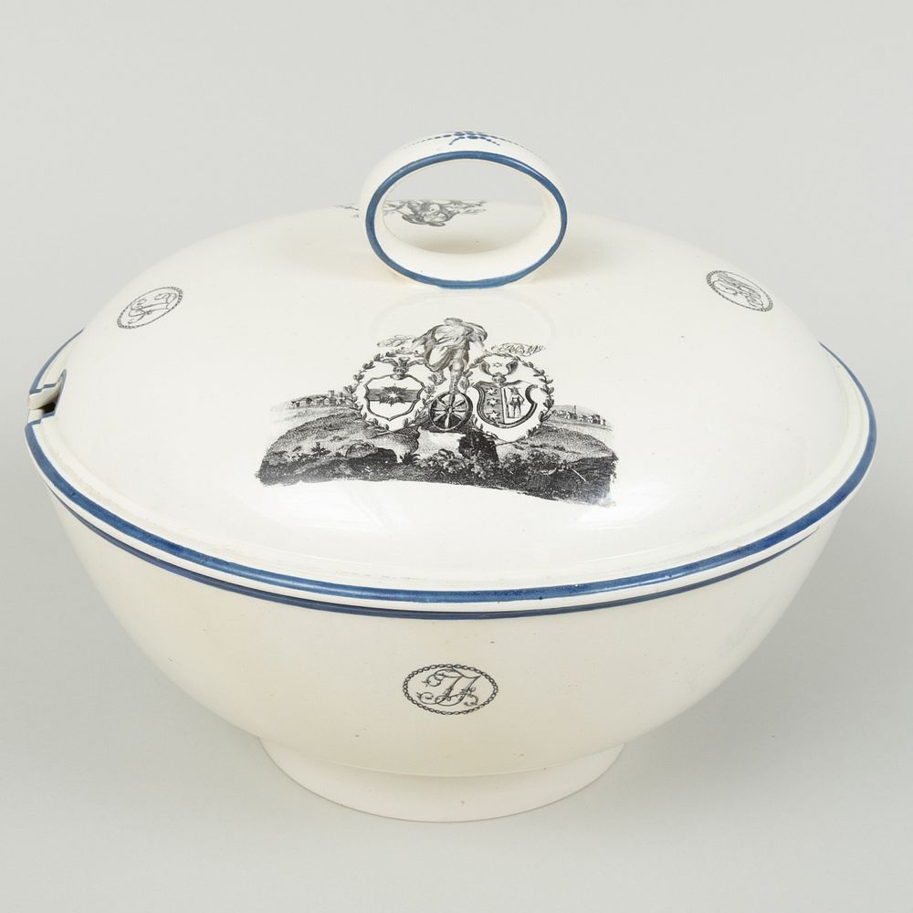 Appraisal: English Transfer Printed Creamware Armorial Tureen and Cover Monogrammed x