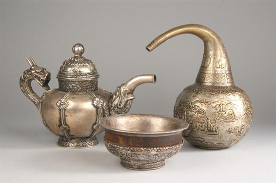 Appraisal: TWO TIBETAN NICKEL SILVER WINE JARS Together with a nickel