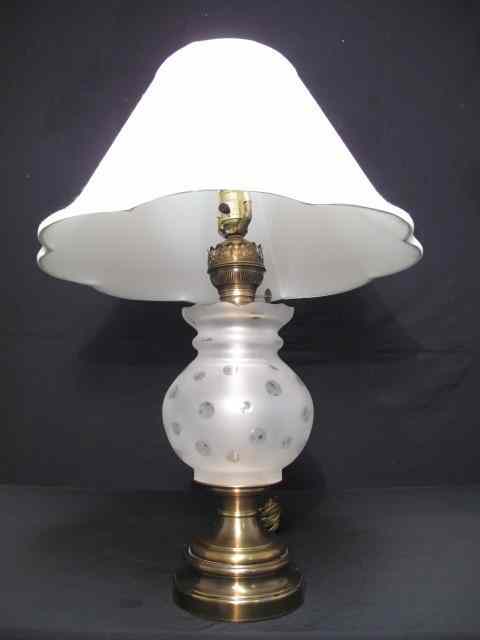 Appraisal: English Bristol glass table lamp Center globe frosted with dot