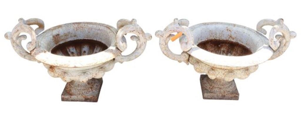 Appraisal: pair French cast iron urn planter foliate scrolled handles over