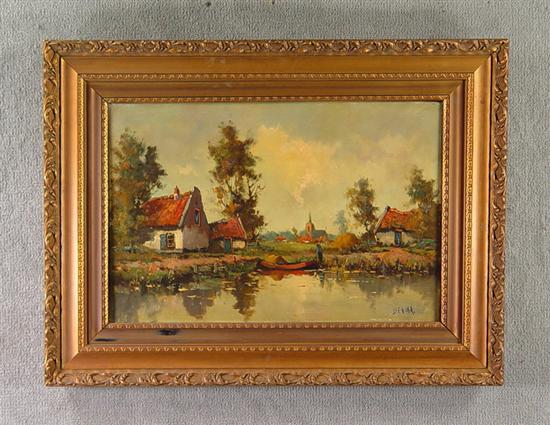 Appraisal: Oil on Canvas Scene of pond man with boat houses