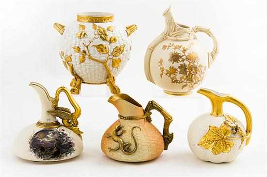 Appraisal: Royal Worcester porcelain pitchers and jar dated and basketweave jar