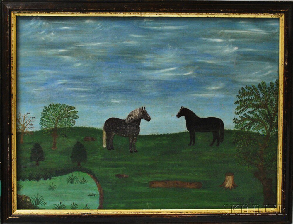 Appraisal: American School th Century Folk Art Portrait of Two Horses