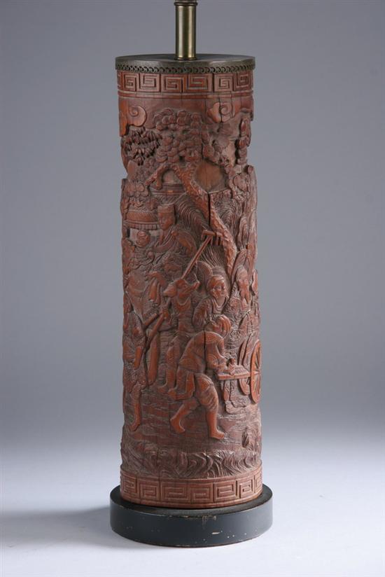 Appraisal: CHINESE BAMBOO BRUSH HOLDER th century Carved to depict pagoda