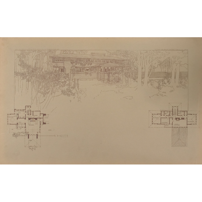 Appraisal: Frank Lloyd Wright Wasmuth print Plate XLIV exterior elevationand ground