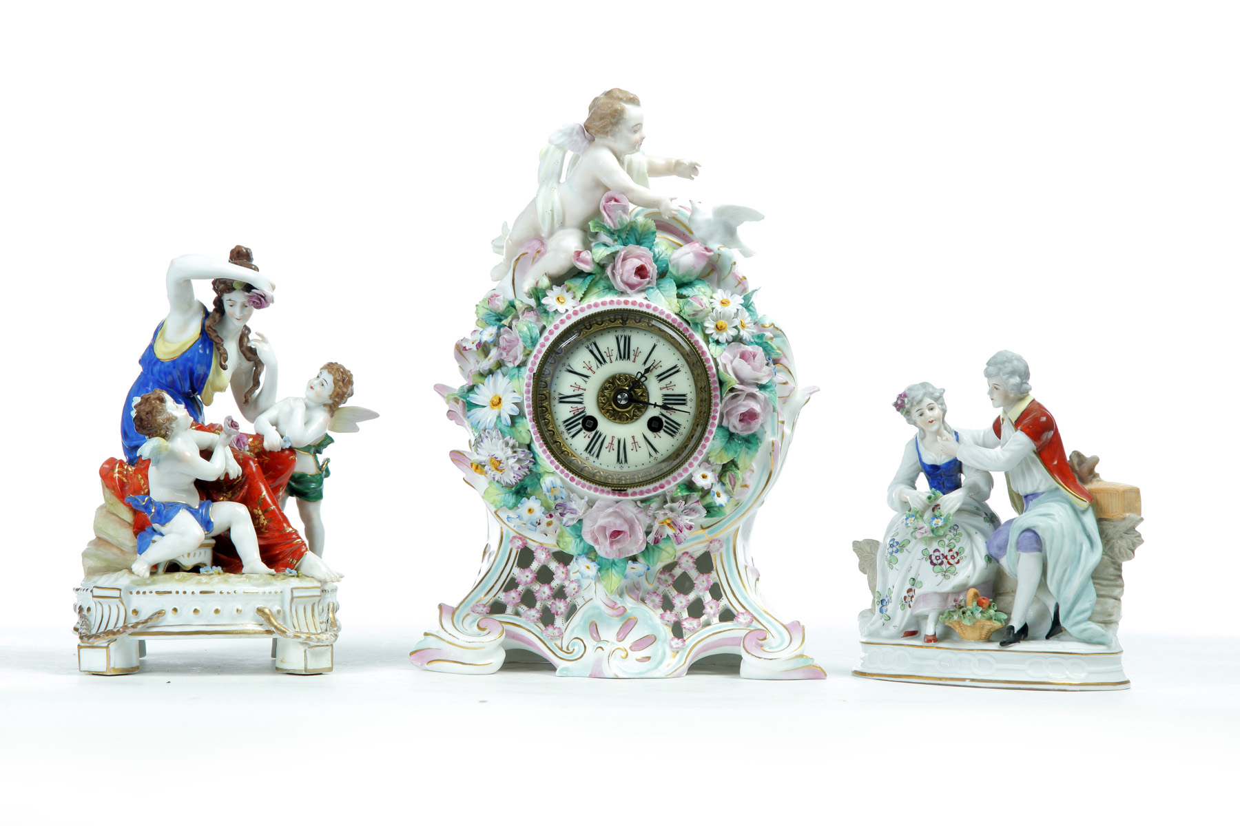 Appraisal: TWO CONTINENTAL PORCELAIN FIGURAL GROUPS AND A CLOCK Late th-early