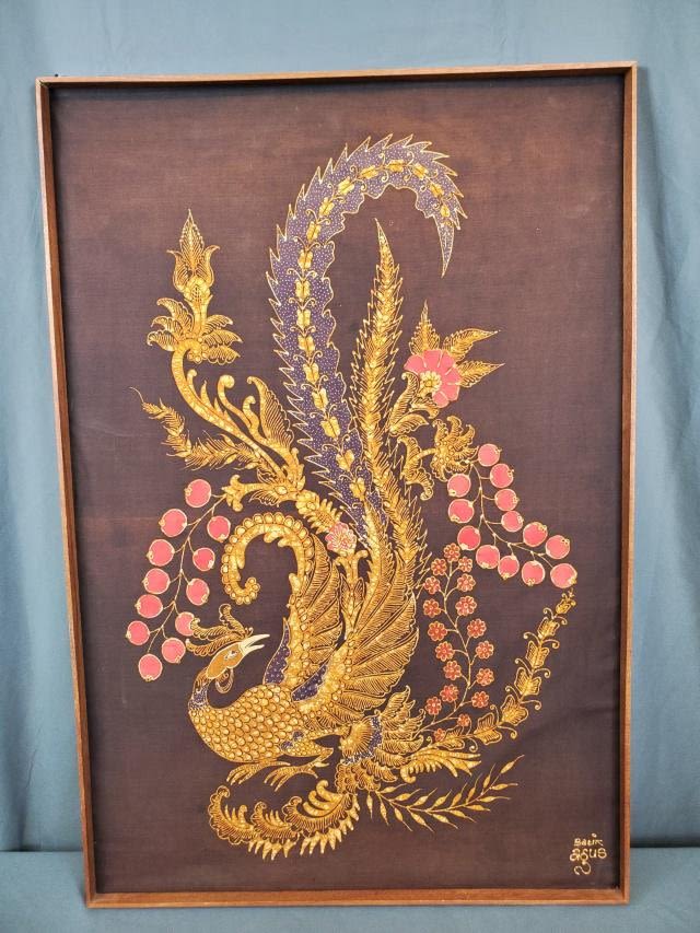 Appraisal: Vintage c s framed without glass batik panel measuring x