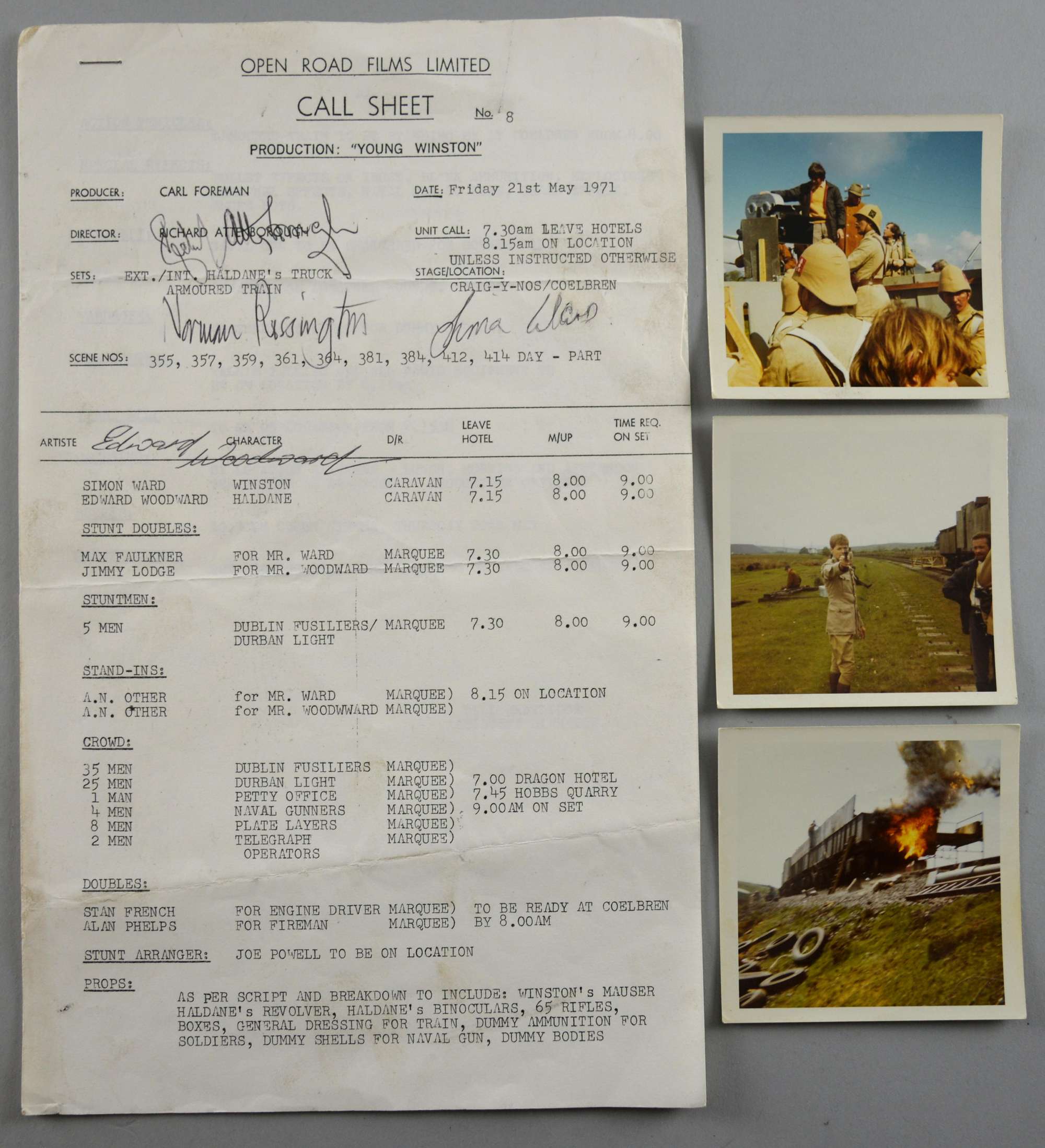 Appraisal: Young Winston Call sheet signed by four including Richard Attenborough