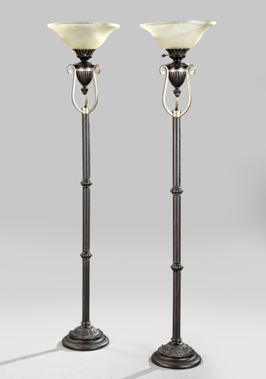 Appraisal: Pair of Metal and Glass Floor Torcheres composed of bronze-patinated