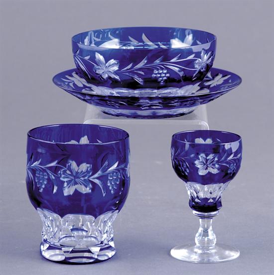 Appraisal: Cobalt glass cut-to-clear partial service early th centuryfloral and berry