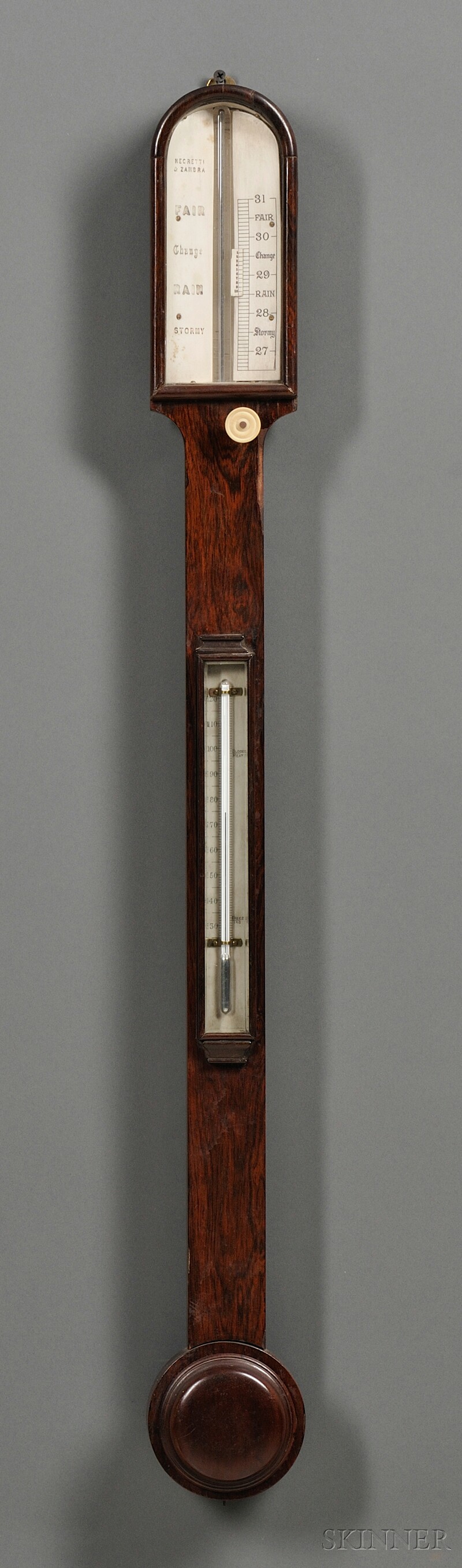 Appraisal: Rosewood Veneer Stick Barometer Negretti Zambra London th century rosewood