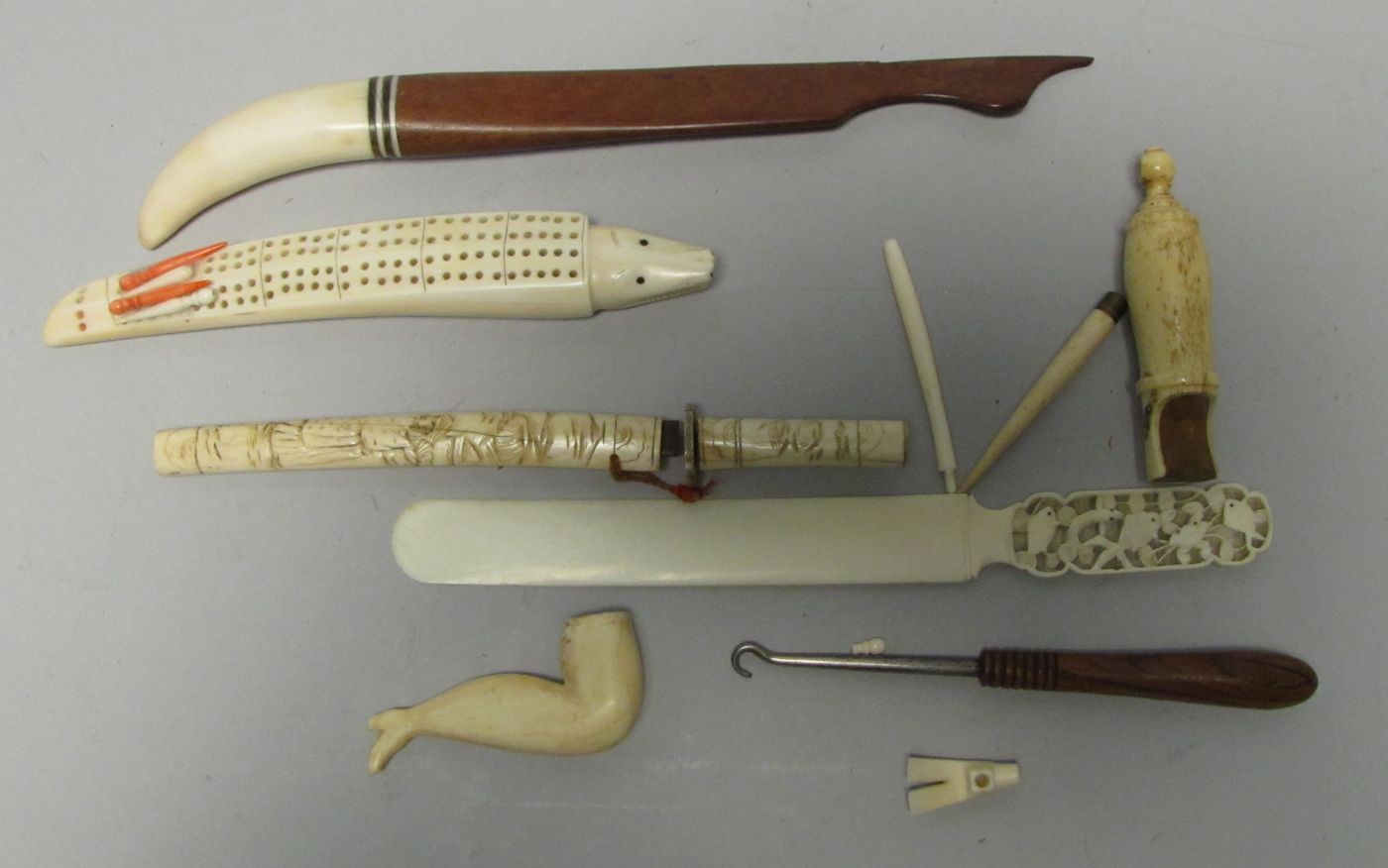 Appraisal: NINE SAILOR-MADE WHALEBONE OR IVORY ITEMS Mostly th CenturyWhale ivory