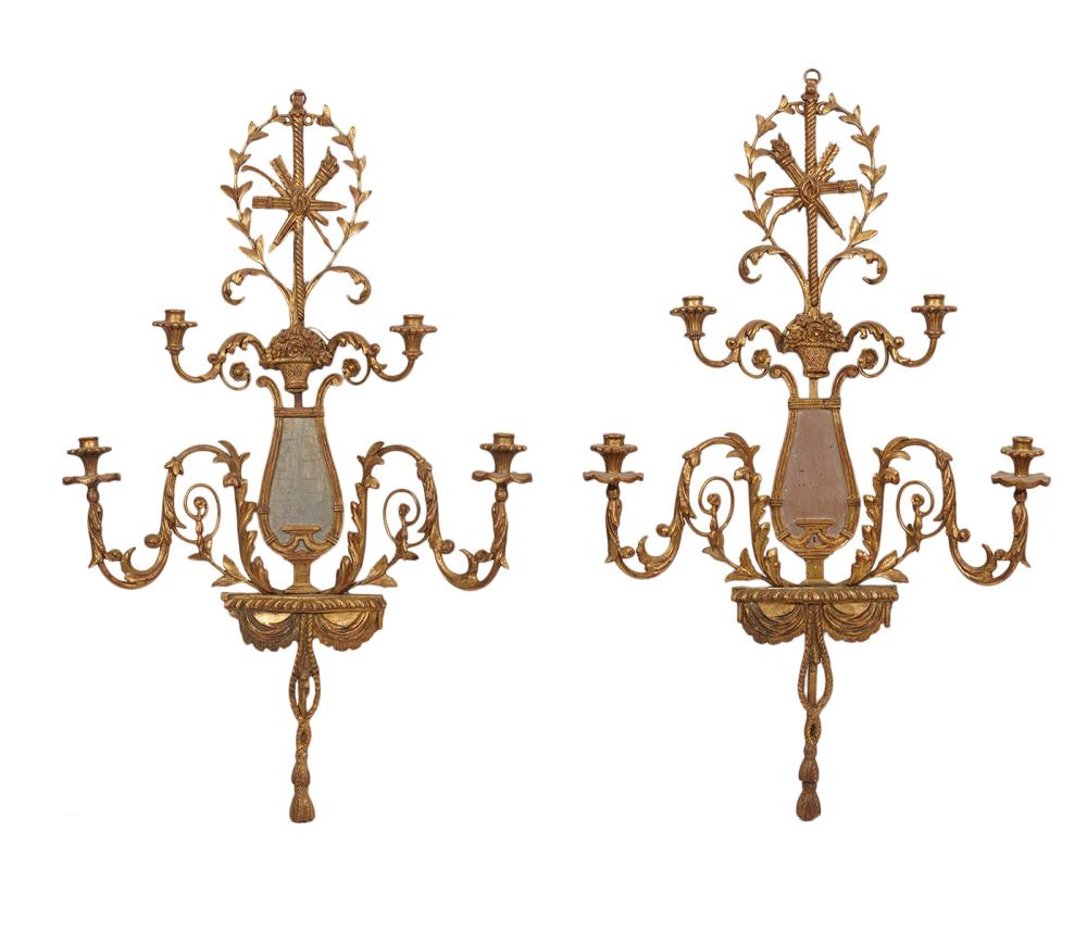 Appraisal: PR ITALIAN GILT CARVED WOOD AND MIRRORED SCONCES th Ct