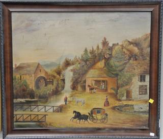 Appraisal: th Century oil on canvas primitive landscape with horse drawn