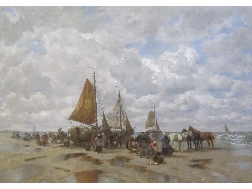 Appraisal: DESIRE THOMASSIN - UNLOADING THE FISHY BOATS Oil on canvas