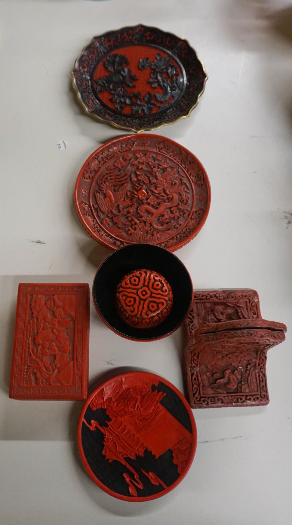 Appraisal: COLLECTION OF CHINESE CINNABAR TABLE ARTICLESCollection of Chinese Cinnabar Table