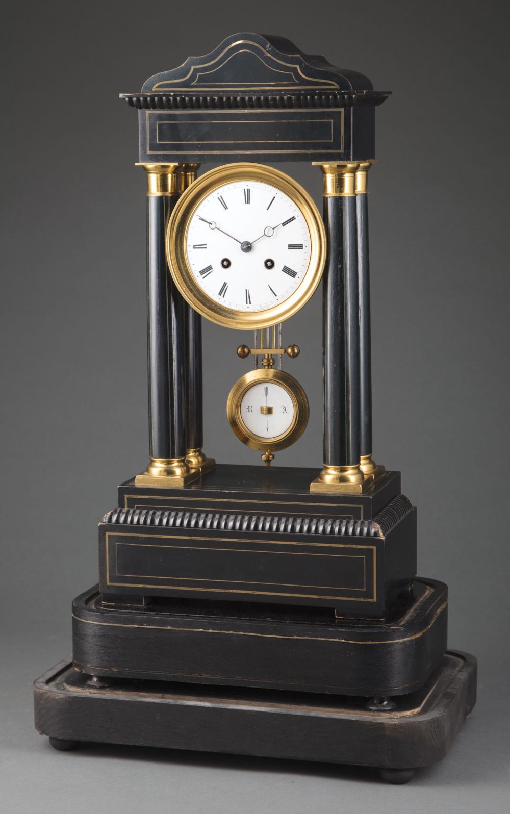 Appraisal: Napoleon III Ebonized and Brass Inlaid Portico Clock th c