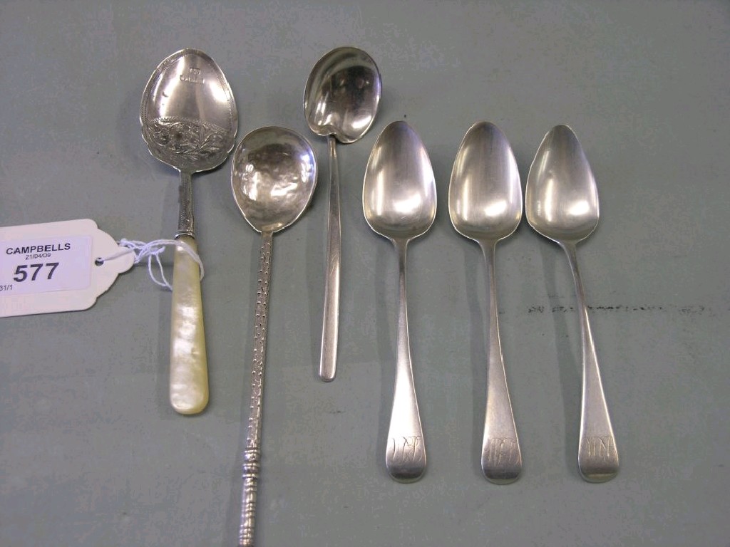 Appraisal: Two silver server spoons an engraved silver jam spoon with