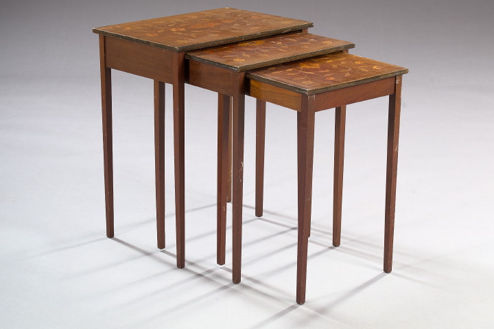 Appraisal: Trio of Edwardian Marquetry-Inlaid Mahogany Nesting Chairside Tables first quarter