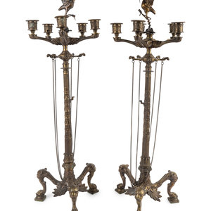 Appraisal: A Pair of French Bronze Six-Light Candelabra TH CENTURY in