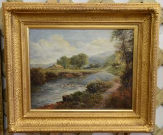 Appraisal: Beaumont oil on canvas mountainous landscape with stream and house