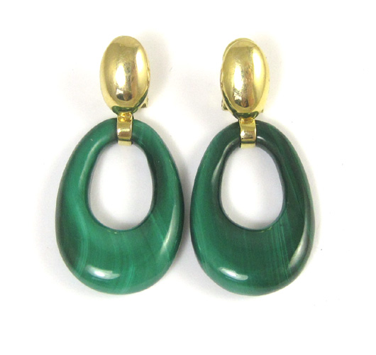 Appraisal: PAIR OF MALACHITE AND YELLOW GOLD EARRINGS each with an