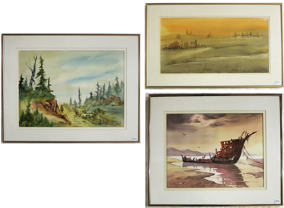 Appraisal: THREE WATERCOLORS ON PAPER Two landscapes by John P Bradley