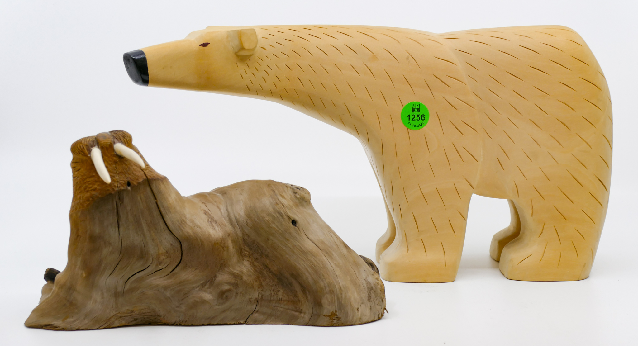 Appraisal: pc Native Bear and Walrus Wood Carvings '' and ''