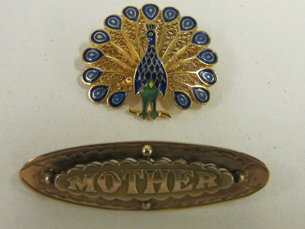 Appraisal: Lot comprising silver gilt filigree peacock brooch and a Victorian