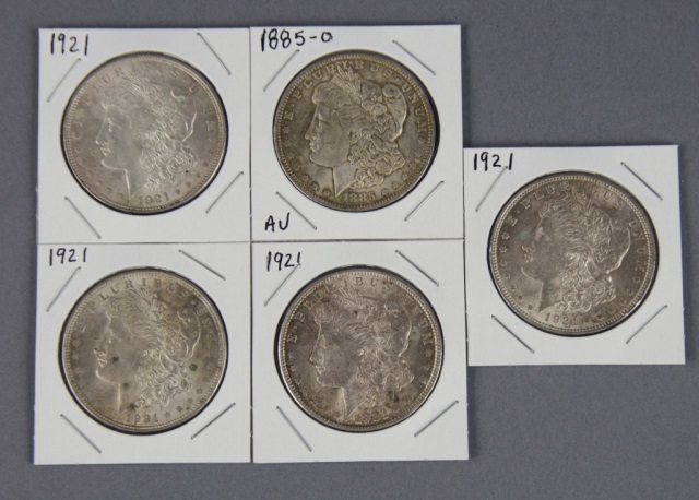 Appraisal: Five Morgan DollarsDates include -O and coins Grading AU-BU