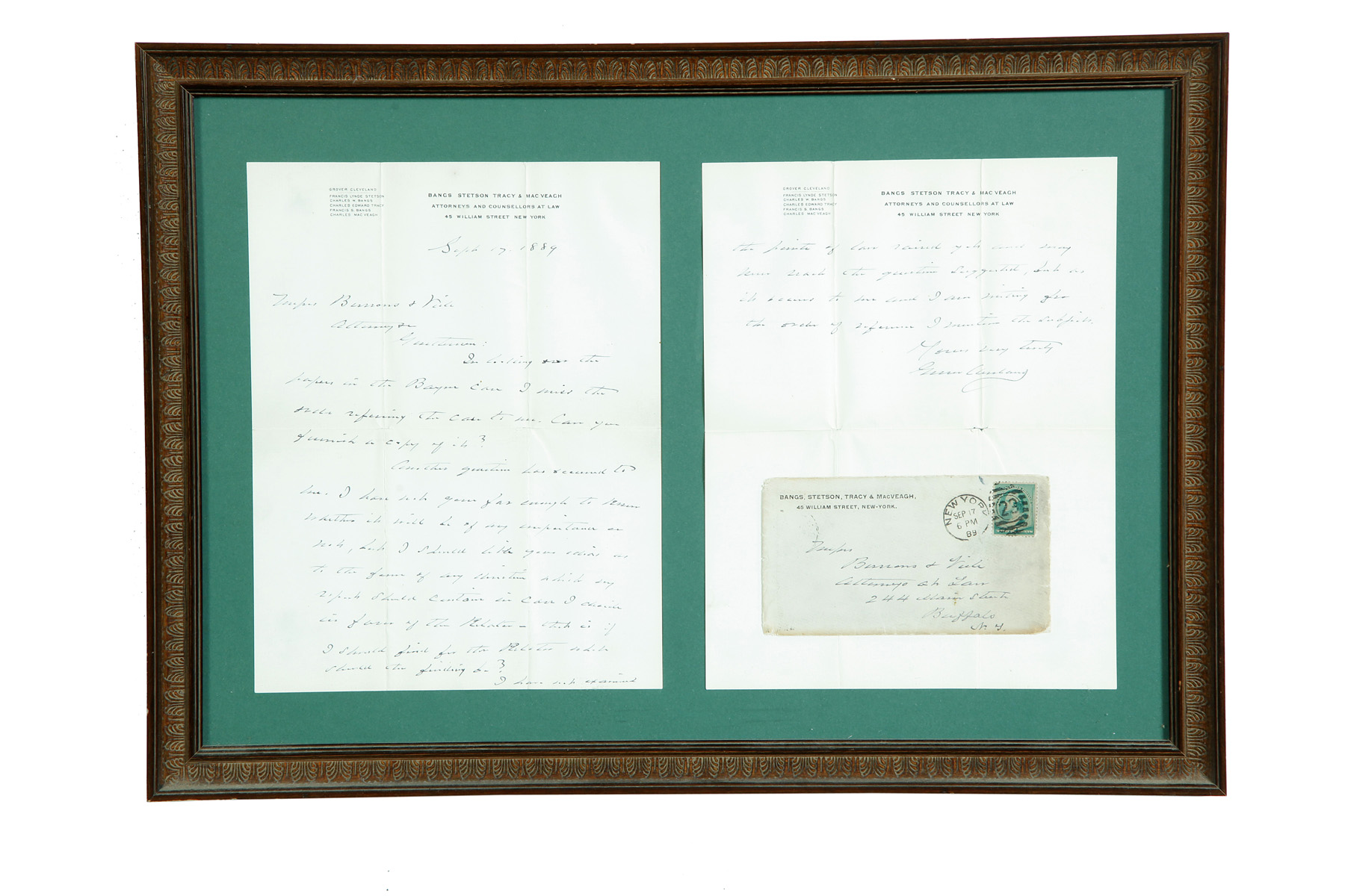 Appraisal: AUTOGRAPHED LETTER SIGNED BY GROVER CLEVELAND Letter dated September on