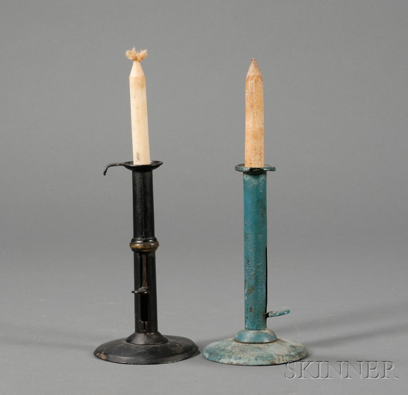 Appraisal: Two Iron Hogscraper-form Candlesticks America early th century one painted