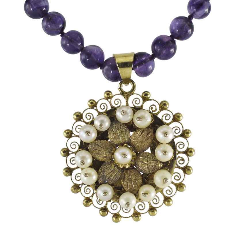 Appraisal: AMETHYST BEAD NECKLACE AND PEARL PENDANT K yellow gold pendant