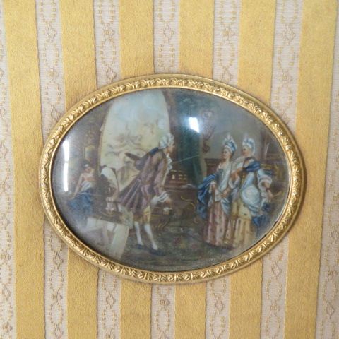 Appraisal: Silk Jewelry Box with Miniature Paintingon ivory of artist ladies