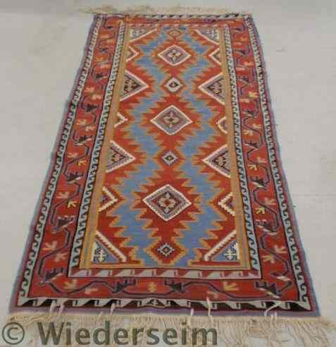 Appraisal: Colorful Kilim flat weave hall runner with geometric patterns '