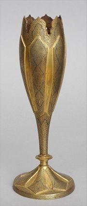 Appraisal: NEAR EASTERN GILT-METAL INLAID BRONZE FLORIFORM VASE The tulip-form -lobed