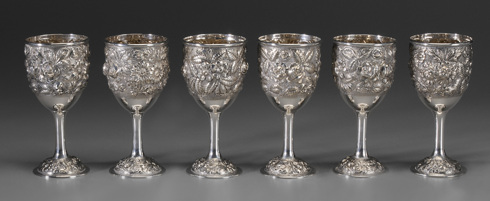 Appraisal: Six Stieff Princess Sterling Goblets American th century floral repouss