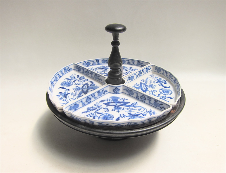 Appraisal: VILLEROY BACH BLUE ONION DIVIDED SERVER on wooden stand Server