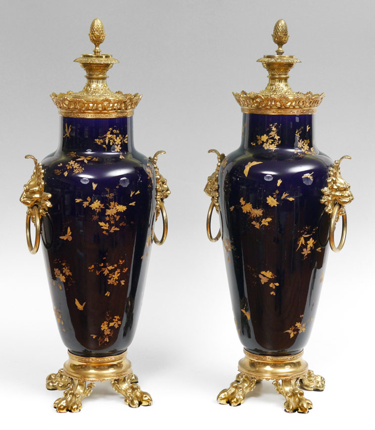 Appraisal: MAGNIFICENT PR OF MONUMENTAL FRENCH SARREGUEMINES ORMOLU MOUNTED OIL LAMPS