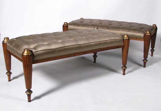 Appraisal: Pair of silk-type upholstered benches with button-tufted tops wood frames