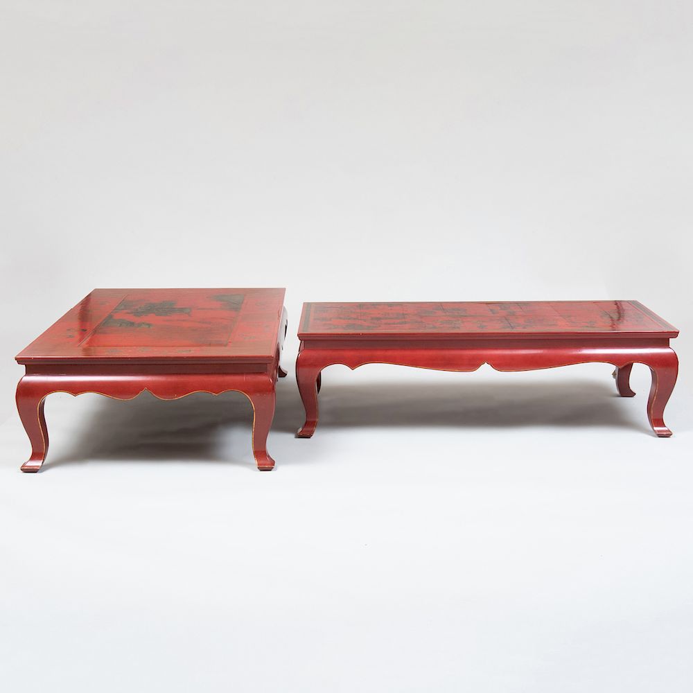 Appraisal: Two Chinese Red Lacquer and Parcel-Gilt Low Tables The panels