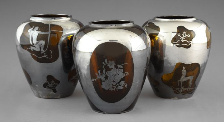 Appraisal: Trio of Art Deco Silver-Overlay Amber Glass Vases second quarter