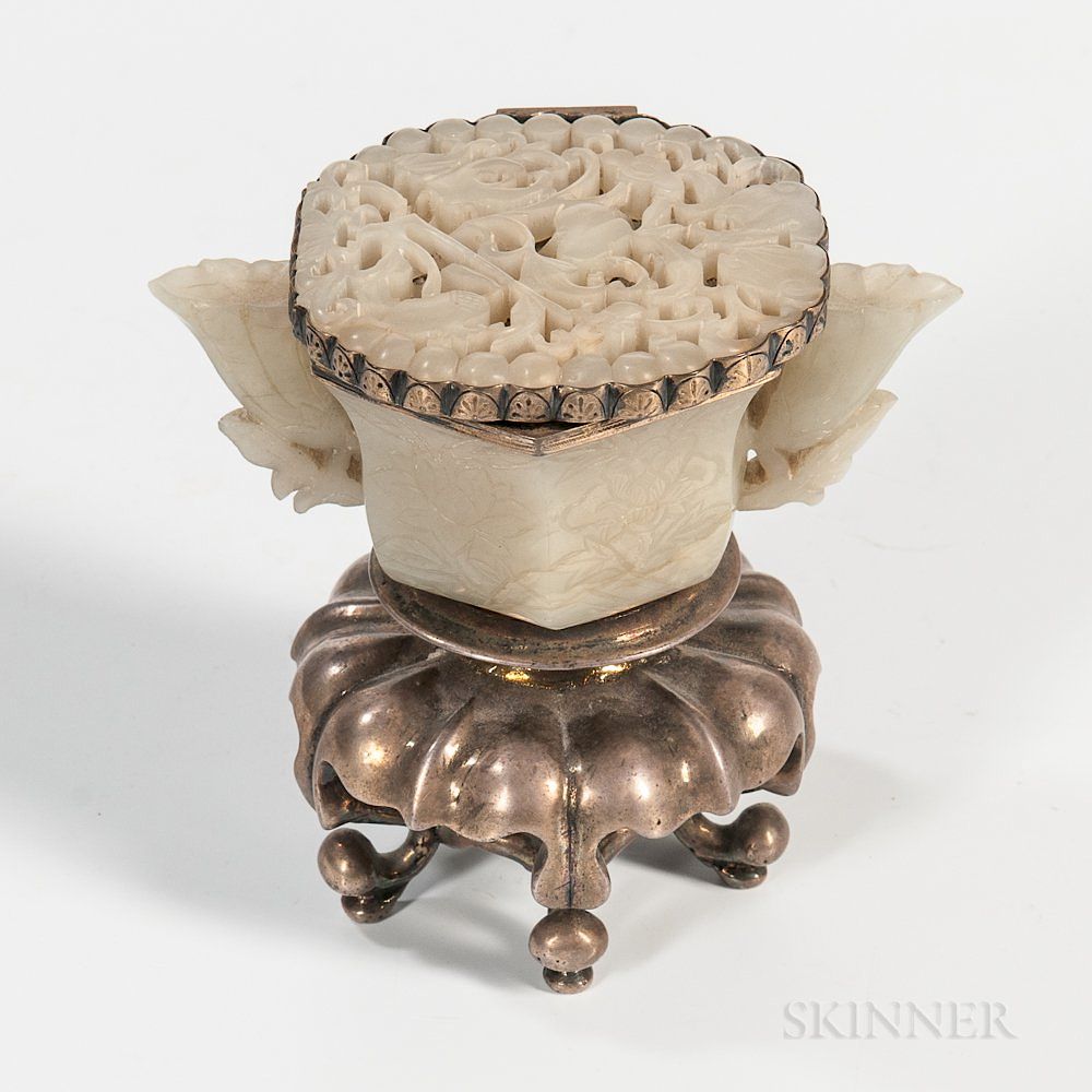 Appraisal: Silver-mounted Jade Inkwell Silver-mounted Jade Inkwell China and Europe th