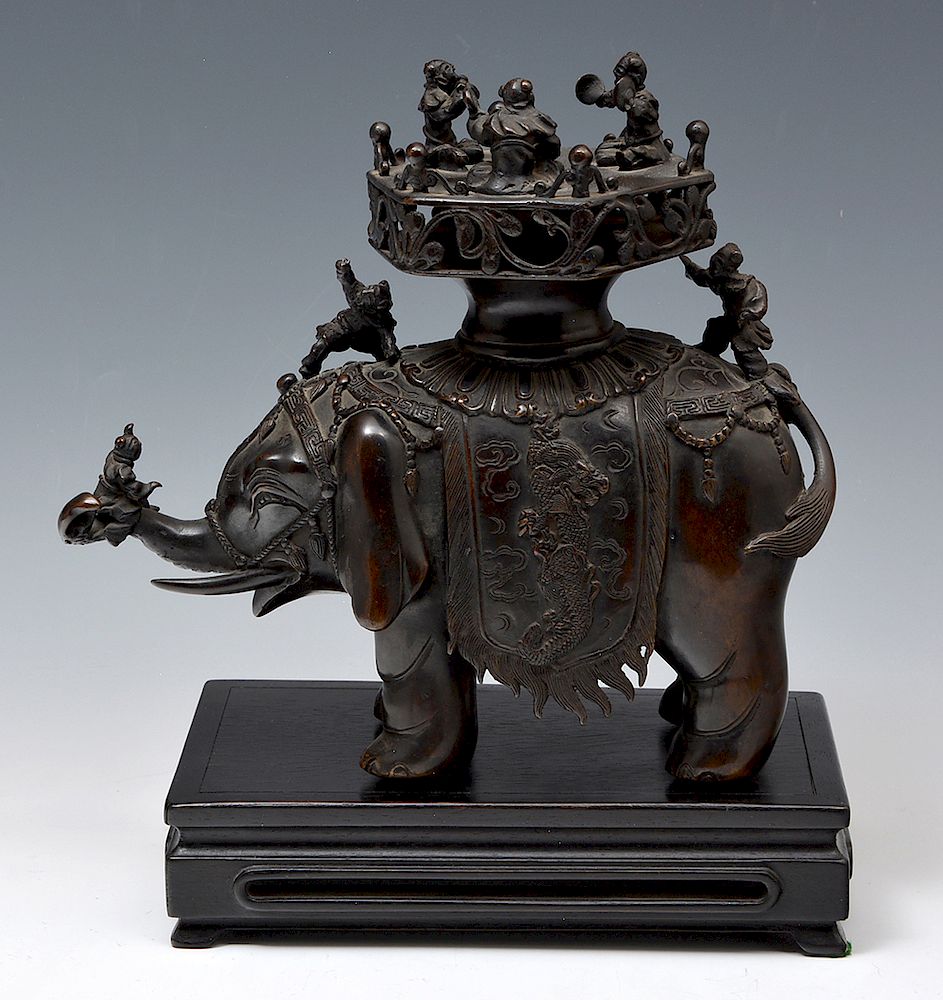 Appraisal: Chinese bronze elephant with figures and musicians Chinese bronze elephant