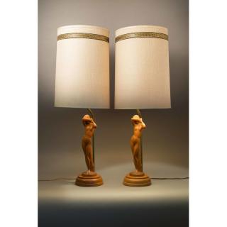 Appraisal: Pair of Carved Nude Figural Wood Lamps Pair of carved