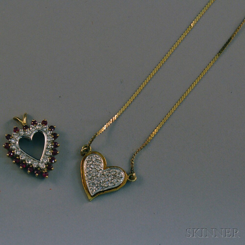 Appraisal: Two kt Gold Gem-set Heart Pendants a diamond and ruby