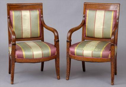 Appraisal: PAIR OF EMPIRE CARVED MAHOGANY FAUTEUILS EN CABRIOLET Each curved