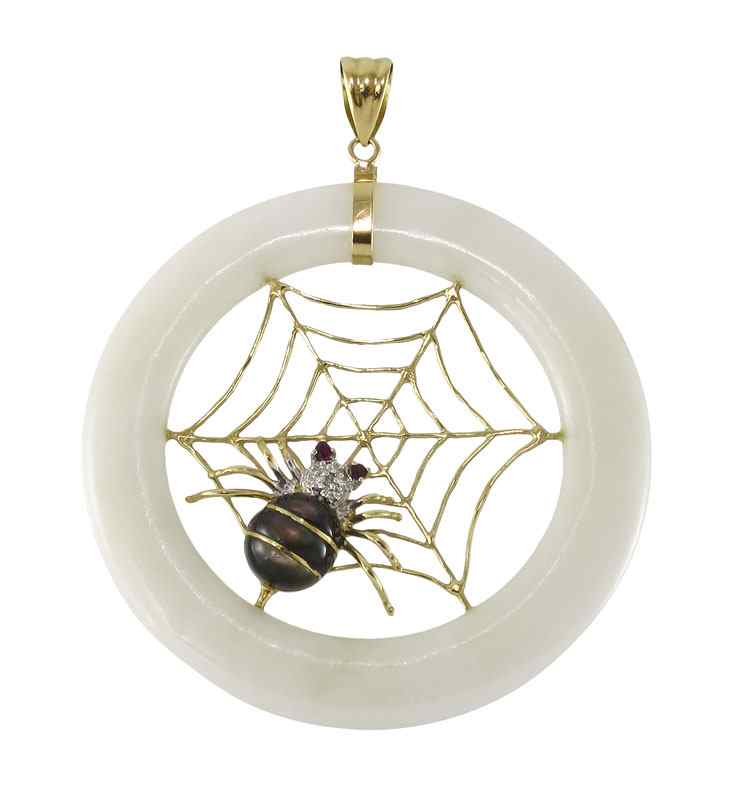 Appraisal: WHITE JADE k GOLD SPIDER WEB PENDANT Two inch ring