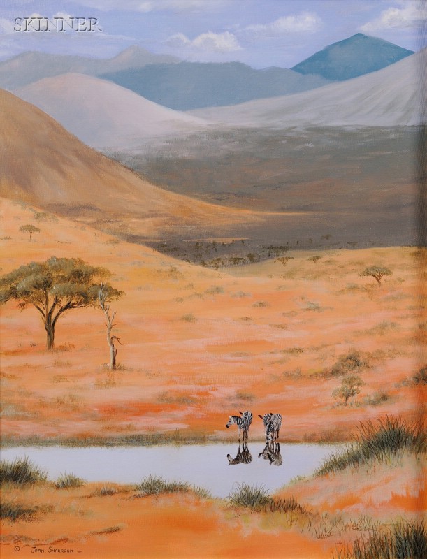 Appraisal: Joan Sharrock British Canadian b Zebras at a Watering Hole